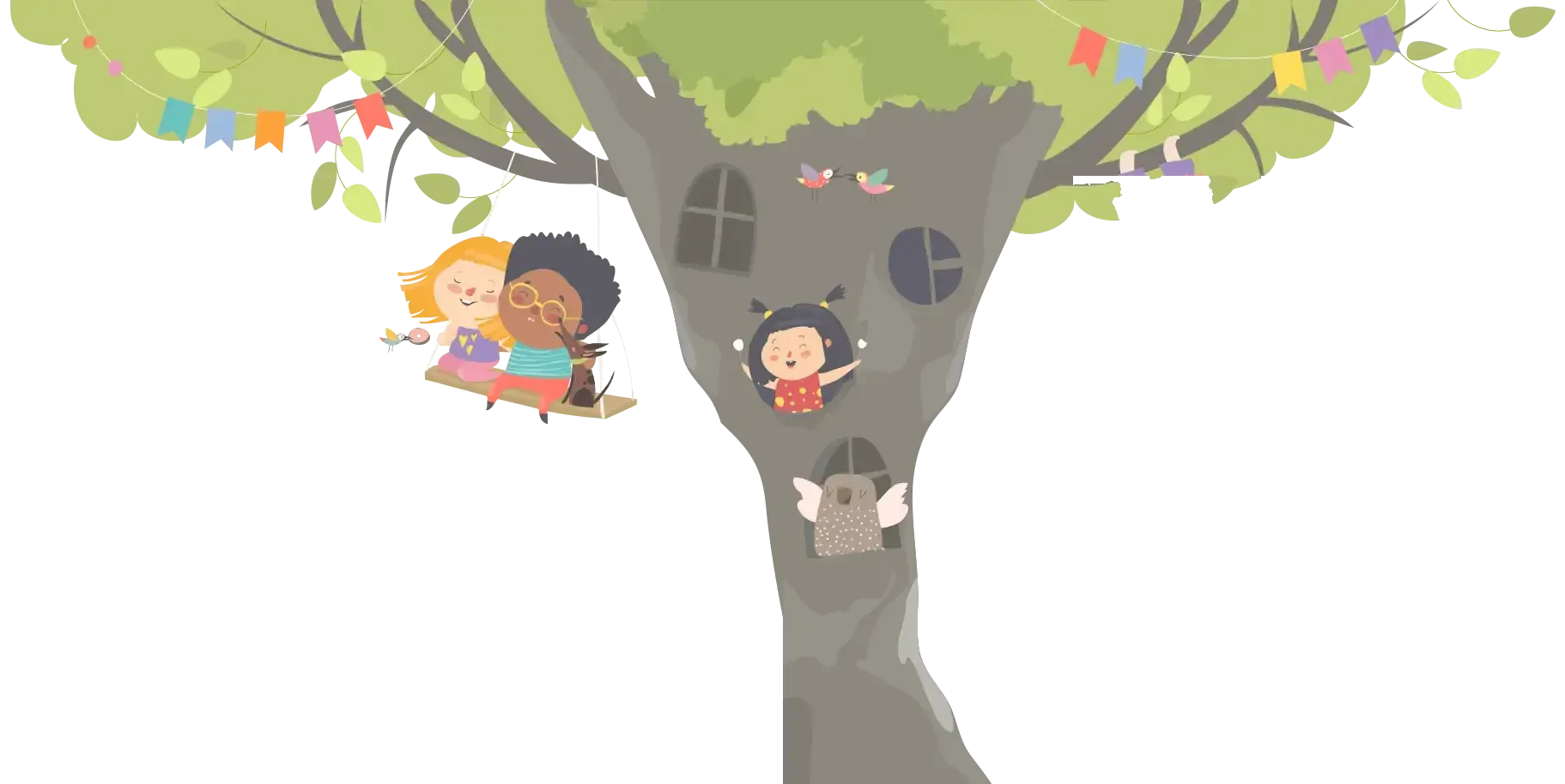 Gezeichneter Baum mit Baumhaus und spielenden Kindern