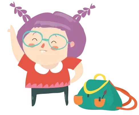 Gezeichnetes Mädchen mit Brille und Rucksack, winkend